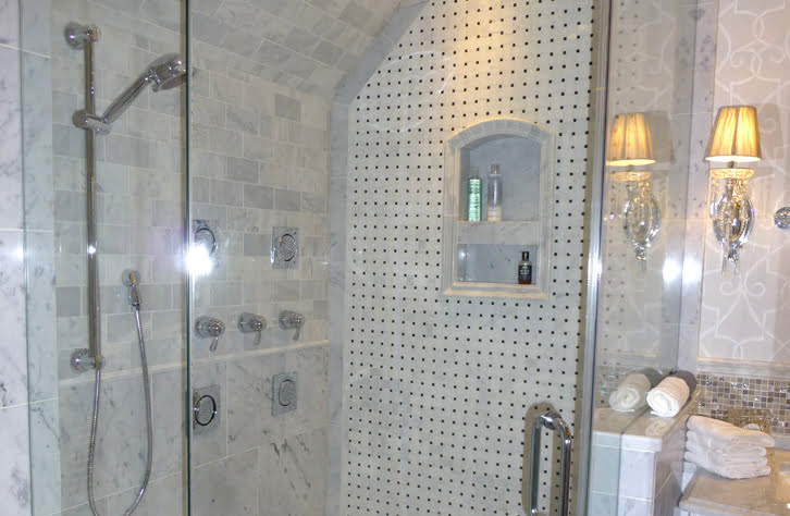Marble tile shower with Body Sprays - C.A. Stevens Builders Inc.